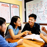 **

A vibrant mind map illustrating study techniques like the Pomodoro Technique, spaced repetition, and active recall, surrounded by happy Vietnamese students collaborating and sharing notes in a cozy cafe setting.

**