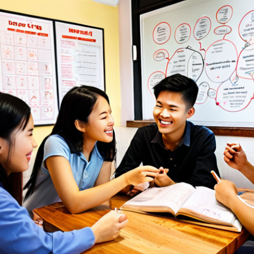 **

A vibrant mind map illustrating study techniques like the Pomodoro Technique, spaced repetition, and active recall, surrounded by happy Vietnamese students collaborating and sharing notes in a cozy cafe setting.

**