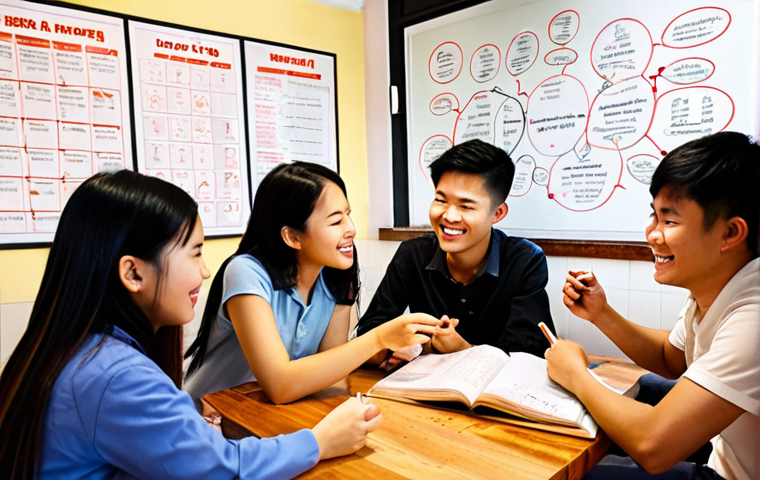 **

A vibrant mind map illustrating study techniques like the Pomodoro Technique, spaced repetition, and active recall, surrounded by happy Vietnamese students collaborating and sharing notes in a cozy cafe setting.

**