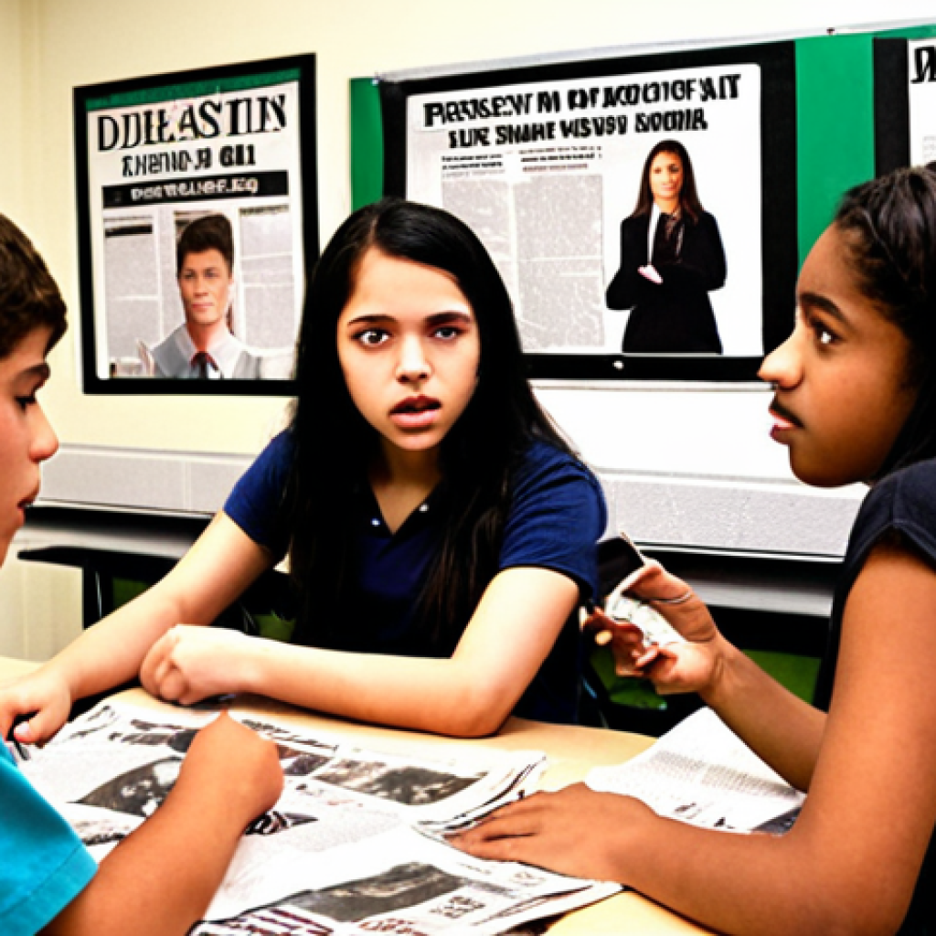 **

A diverse group of high school students actively participating in a classroom discussion, analyzing newspaper articles and passionately debating different perspectives on a current social issue. The classroom is bright and engaging, with newspaper clippings and student-created reports displayed on the walls.

**