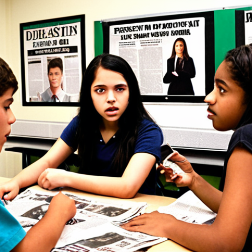 **

A diverse group of high school students actively participating in a classroom discussion, analyzing newspaper articles and passionately debating different perspectives on a current social issue. The classroom is bright and engaging, with newspaper clippings and student-created reports displayed on the walls.

**