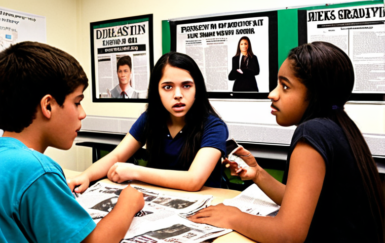 **

A diverse group of high school students actively participating in a classroom discussion, analyzing newspaper articles and passionately debating different perspectives on a current social issue. The classroom is bright and engaging, with newspaper clippings and student-created reports displayed on the walls.

**