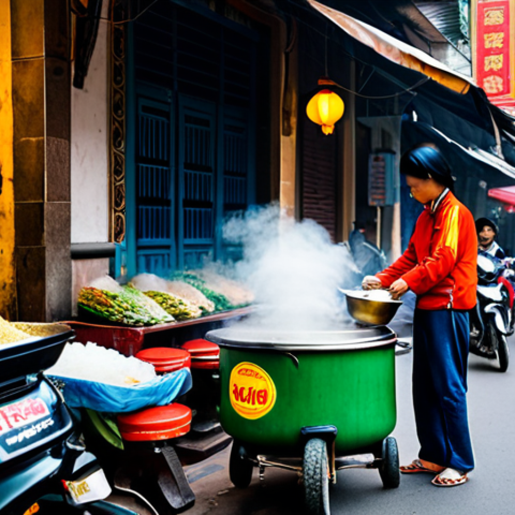 **
A vibrant street food vendor in Hanoi, Vietnam, preparing *pho*. Steam rises from the large pot, filling the air with fragrant spices. Colorful plastic stools surround the vendor, inviting customers. Capture the bustling atmosphere of the Old Quarter, with motorcycles and pedestrians passing by. Focus on the rich textures of the ingredients and the warm lighting from the street lamps. *Authentic Vietnamese street scene, realistic, high resolution.*
**