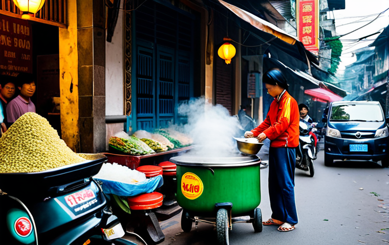 **

A vibrant street food vendor in Hanoi, Vietnam, preparing *pho*. Steam rises from the large pot, filling the air with fragrant spices. Colorful plastic stools surround the vendor, inviting customers. Capture the bustling atmosphere of the Old Quarter, with motorcycles and pedestrians passing by. Focus on the rich textures of the ingredients and the warm lighting from the street lamps. *Authentic Vietnamese street scene, realistic, high resolution.*

**