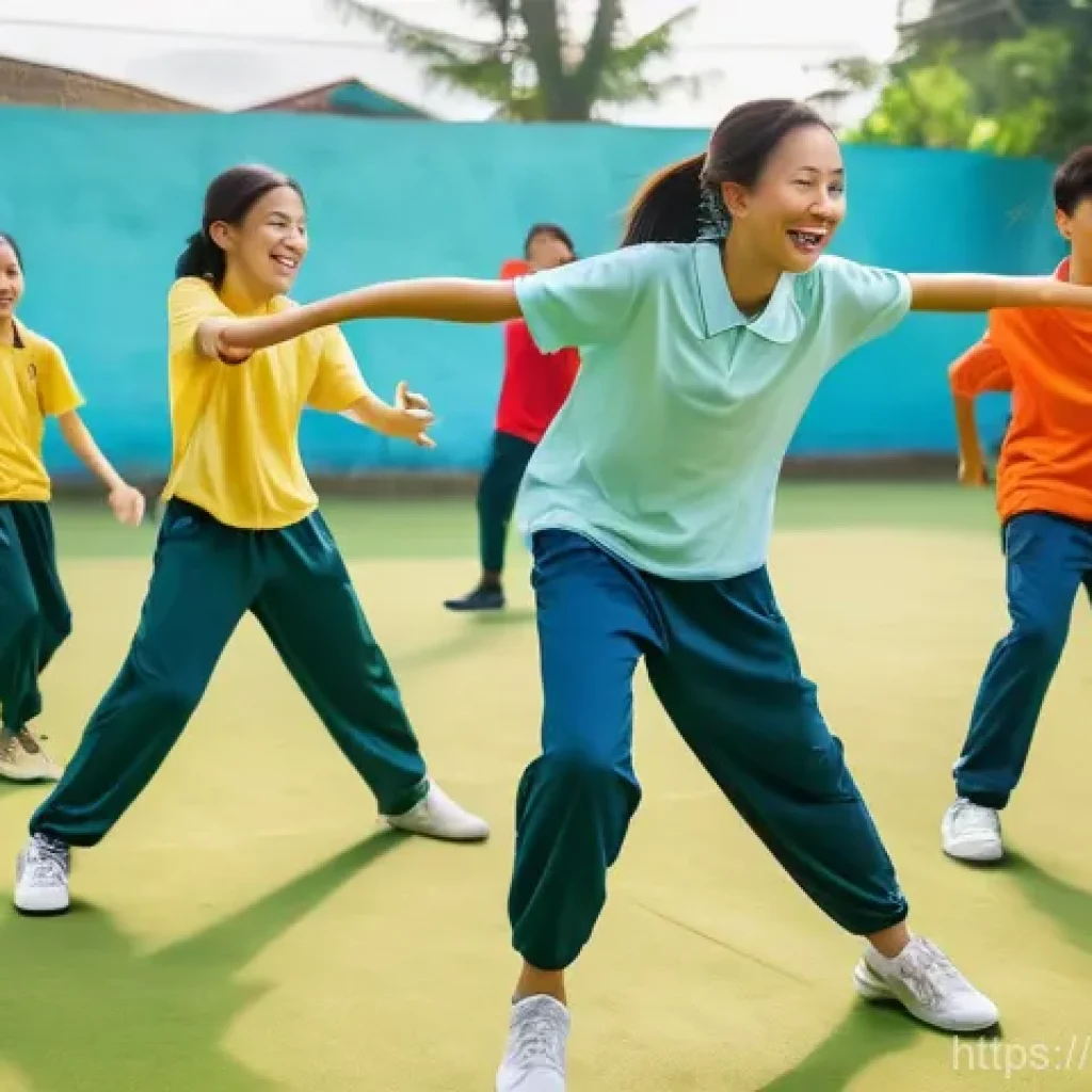 중학교 체육 수업 운영법 - **Prompt:** A vibrant and dynamic physical education class for middle school students in Vietnam, tr...