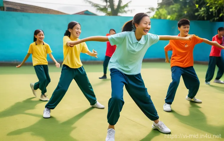 중학교 체육 수업 운영법 - **Prompt:** A vibrant and dynamic physical education class for middle school students in Vietnam, tr...