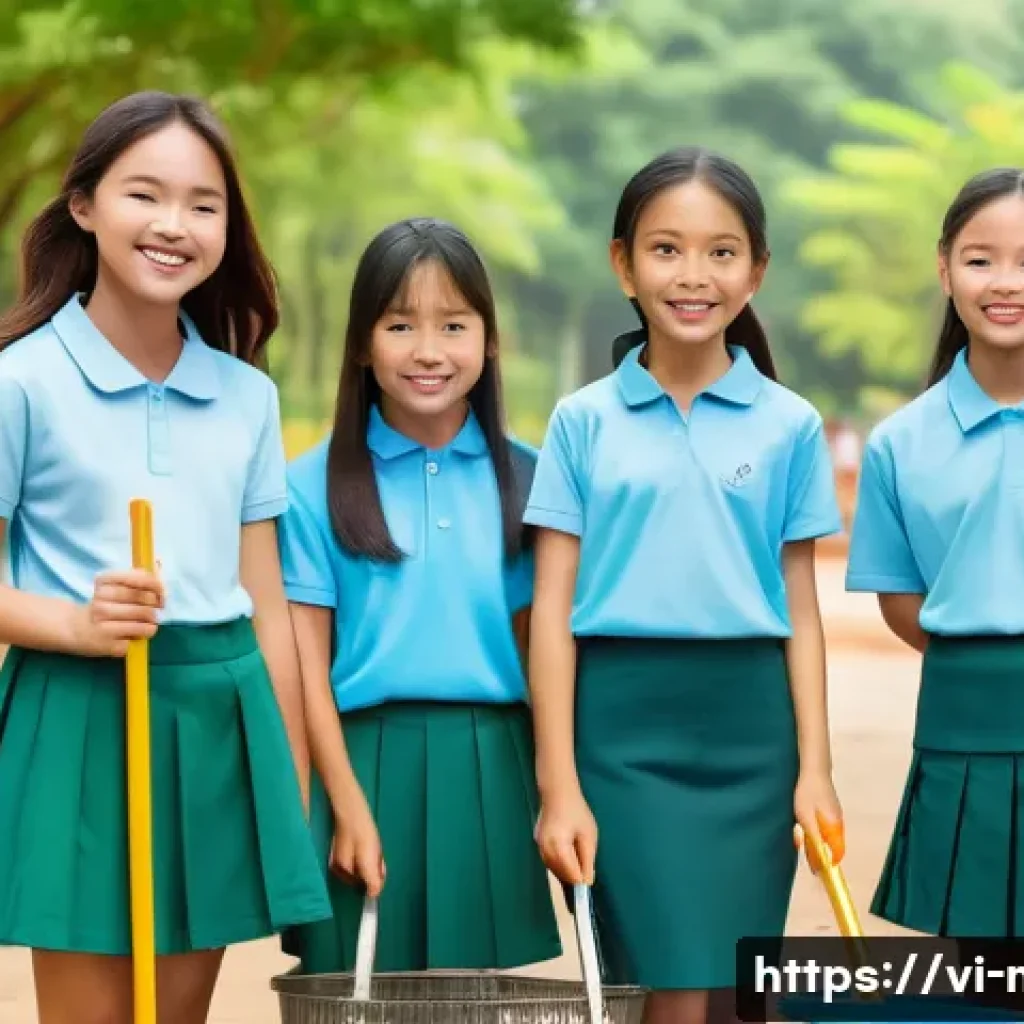 중학교 봉사 활동 - A diverse group of Vietnamese middle school students wearing casual clothes and school uniforms with...