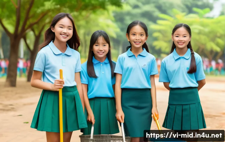 중학교 봉사 활동 - A diverse group of Vietnamese middle school students wearing casual clothes and school uniforms with...