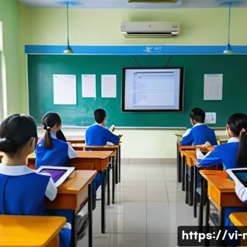 중학교 디지털 교과서 활용 - A modern Vietnamese high school classroom where diverse students are using tablets and smartphones t...