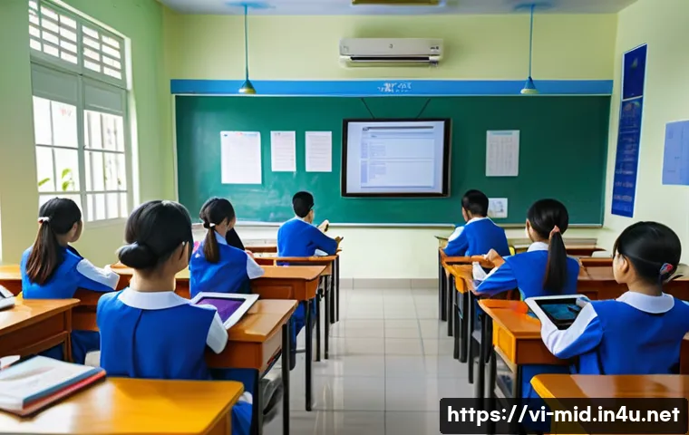 중학교 디지털 교과서 활용 - A modern Vietnamese high school classroom where diverse students are using tablets and smartphones t...
