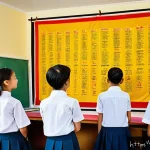 중학교 다문화 교육 - A vibrant middle school classroom scene in Vietnam featuring a diverse group of students wearing mod...