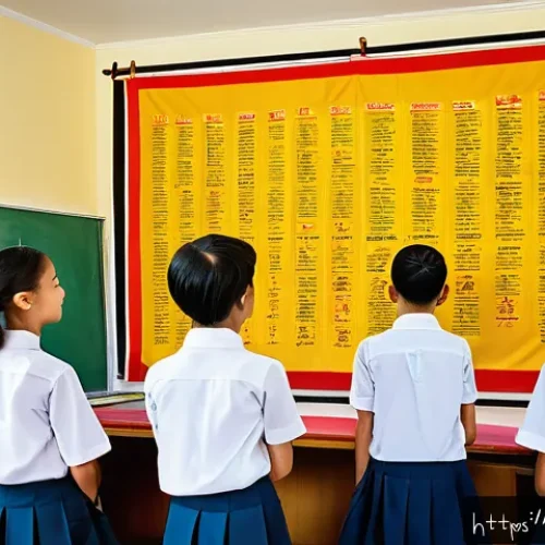중학교 다문화 교육 - A vibrant middle school classroom scene in Vietnam featuring a diverse group of students wearing mod...