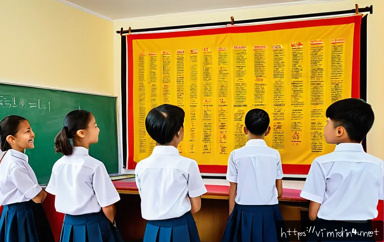 중학교 다문화 교육 - A vibrant middle school classroom scene in Vietnam featuring a diverse group of students wearing mod...