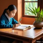중학교 학습 동기 부여 이론 - A Vietnamese middle school student studying at a neat and well-lit desk in a cozy room decorated wit...