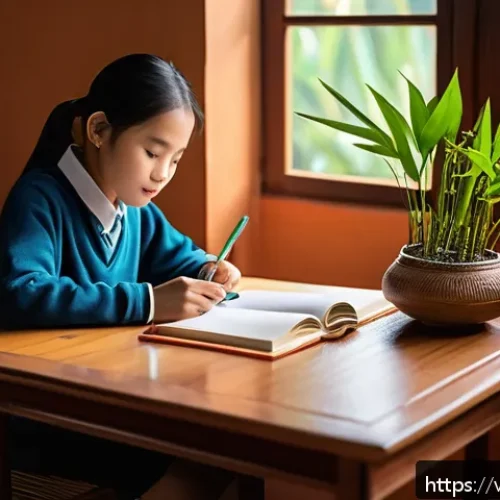 중학교 학습 동기 부여 이론 - A Vietnamese middle school student studying at a neat and well-lit desk in a cozy room decorated wit...
