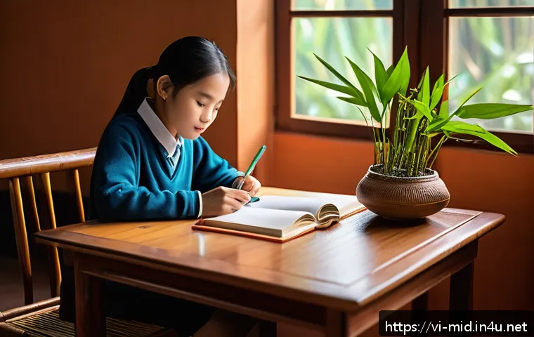 중학교 학습 동기 부여 이론 - A Vietnamese middle school student studying at a neat and well-lit desk in a cozy room decorated wit...