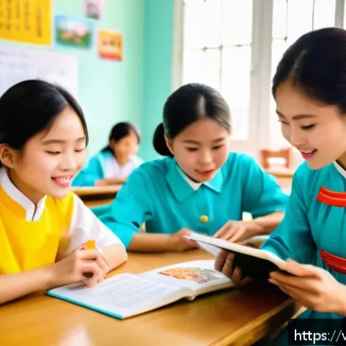 중학교 교과서 외 자료 활용 - A vibrant Vietnamese classroom scene with diverse students attentively studying various educational ...