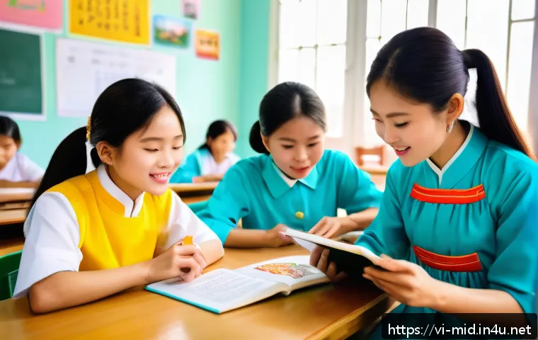 중학교 교과서 외 자료 활용 - A vibrant Vietnamese classroom scene with diverse students attentively studying various educational ...