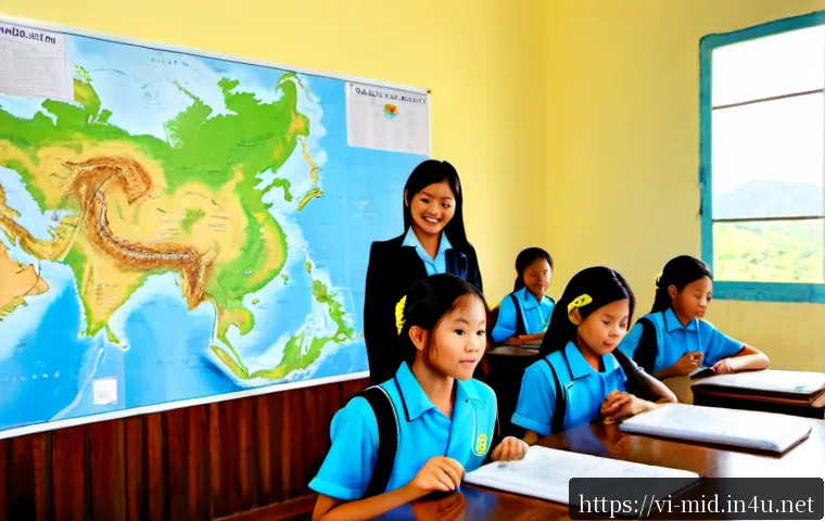 Home 17 중학교 지리 수업 자료 - Photorealistic middle school geography classroom in Vietnam, a Vietnamese teacher guiding attentive ...